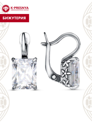 Серьги бижутерия, покрытие - серебрение с оксидированием, вставка - фианит (недрагоценный камень)