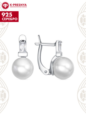 Серьги серебро 925 пробы, покрытие - родирование, вставка - имитация жемчуга, фианит (недрагоценный камень)