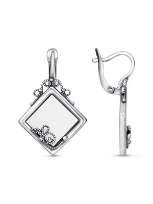 Серьги бижутерия, покрытие - серебрение с оксидированием, вставка - искусственный агат белый