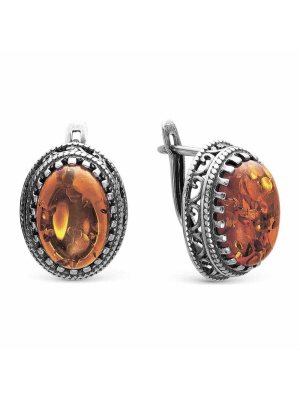 Серьги бижутерия, покрытие - серебрение с оксидированием, вставка - искусственный янтарь