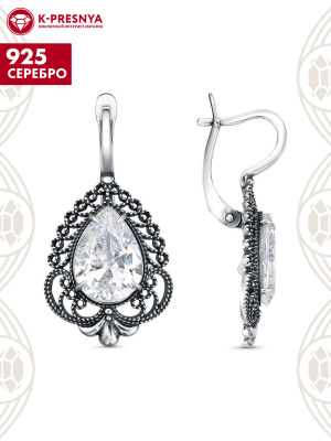 Серьги серебро 925 пробы, покрытие - оксидирование, вставка - фианит (недрагоценный камень)