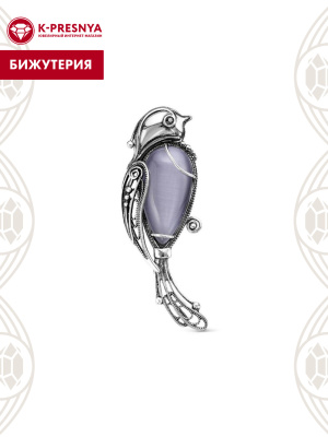 Брошь бижутерия, покрытие - серебрение с оксидированием, вставка - искусственный кошачий глаз , стекло ювелирное preciosa