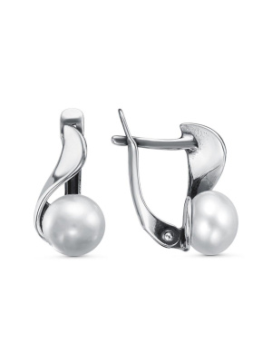 Серьги бижутерия, покрытие - серебрение с оксидированием, вставка - культивированный жемчуг