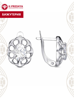 Серьги бижутерия, покрытие - платинирование, вставка - фианит (недрагоценный камень)