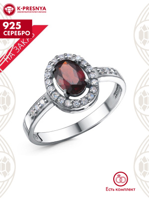 Кольцо серебро 925 пробы, покрытие - родирование, вставка - гранат (полудрагоценный камень), фианит (недрагоценный камень)