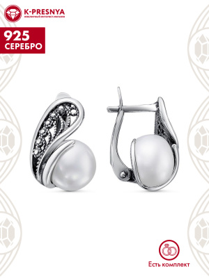 Серьги серебро 925 пробы, покрытие - оксидирование, вставка - культивированный жемчуг