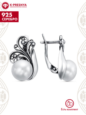 Серьги серебро 925 пробы, покрытие - оксидирование, вставка - культивированный жемчуг