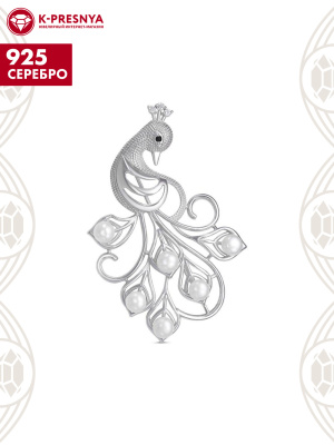 Брошь серебро 925 пробы, покрытие - родирование, вставка - культивированный жемчуг, фианит (недрагоценный камень)