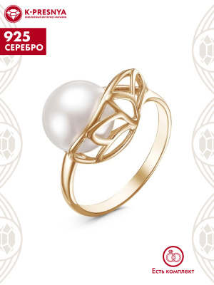 Кольцо серебро 925 пробы, покрытие - золочение, вставка - культивированный жемчуг