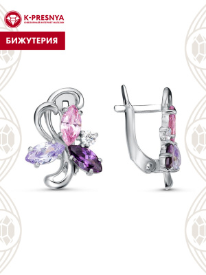 Серьги бижутерия, покрытие - платинирование, вставка - фианит (недрагоценный камень)