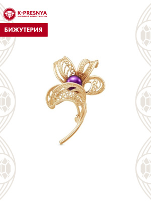Брошь бижутерия, покрытие - золочение, вставка - культивированный жемчуг