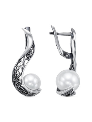 Серьги серебро 925 пробы, покрытие - оксидирование, вставка - имитация жемчуга