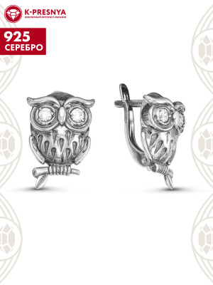 Серьги серебро 925 пробы, покрытие - оксидирование, вставка - фианит (недрагоценный камень)