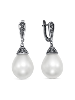 Серьги серебро 925 пробы, покрытие - оксидирование, вставка - имитация жемчуга