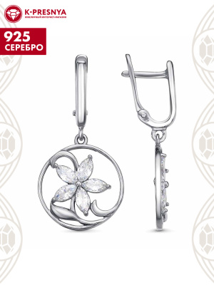 Серьги серебро 925 пробы, покрытие - платинирование, вставка - фианит (недрагоценный камень)