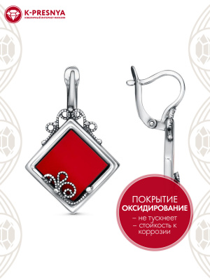 Серьги серебро 925 пробы, покрытие - оксидирование, вставка - искусственный коралл