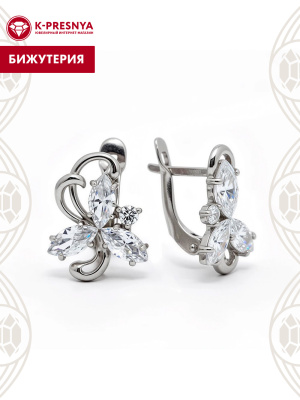 Серьги бижутерия, покрытие - платинирование, вставка - фианит (недрагоценный камень)