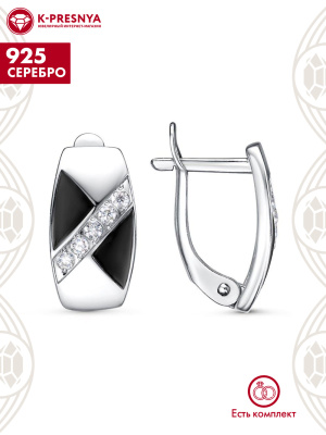 Серьги серебро 925 пробы, покрытие - платинирование, отделка - эмаль, вставка - фианит (недрагоценный камень)