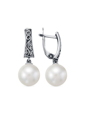 Серьги серебро 925 пробы, покрытие - оксидирование, вставка - имитация жемчуга