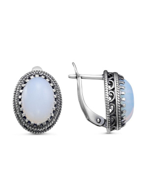 Серьги серебро 925 пробы, покрытие - оксидирование, вставка - искусственный лунный камень