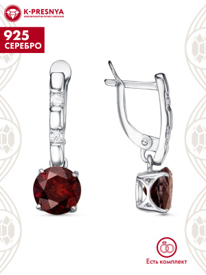 Серьги серебро 925 пробы, покрытие - родирование, вставка - гранат (полудрагоценный камень), фианит (недрагоценный камень)