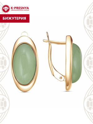Серьги бижутерия, покрытие - золочение, вставка - искусственный нефрит