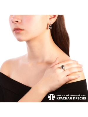 Серьги серебро 925 пробы, покрытие - родирование, вставка - искусственный дымчатый кварц