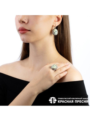 Серьги серебро 925 пробы, покрытие - оксидирование, вставка - змеевик Серьги серебро 925 пробы, покрытие - оксидирование, вставка - змеевик