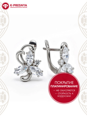 Серьги бижутерия, покрытие - платинирование, вставка - фианит (недрагоценный камень)
