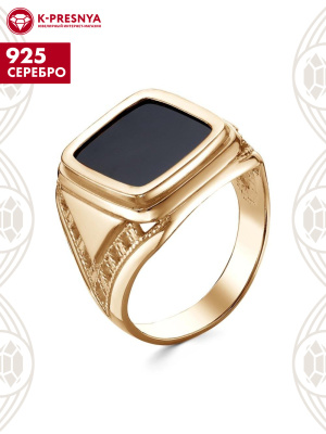 Кольцо серебро 925 пробы, покрытие - золочение, вставка - искусственный агат черный