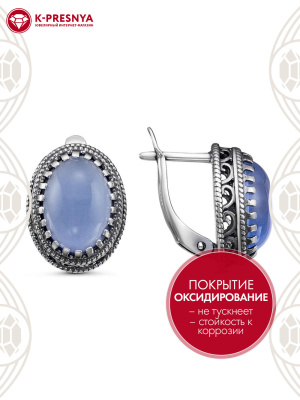 Серьги серебро 925 пробы, покрытие - оксидирование, вставка - искусственный сапфир