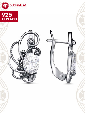 Серьги серебро 925 пробы, покрытие - оксидирование, вставка - фианит (недрагоценный камень)