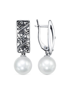 Серьги серебро 925 пробы, покрытие - оксидирование, вставка - имитация жемчуга