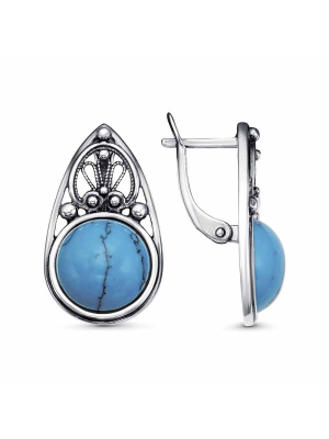 Серьги бижутерия, покрытие - серебрение с оксидированием, вставка - искусственная бирюза