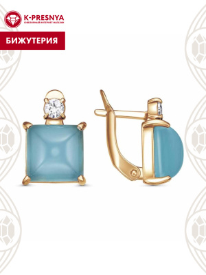 Серьги бижутерия, покрытие - золочение, вставка - искусственный халцедон, фианит (недрагоценный камень)