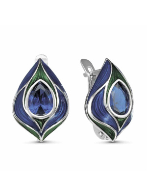 Серьги серебро 925 пробы, покрытие - родирование, отделка - эмаль, вставка - искусственная шпинель