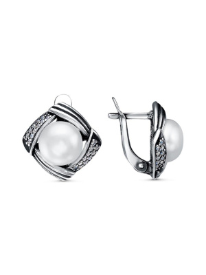 Серьги серебро 925 пробы, покрытие - оксидирование, вставка - культивированный жемчуг, фианит (недрагоценный камень)