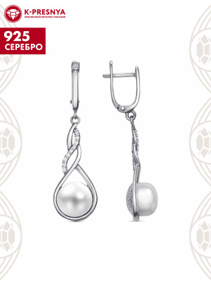 Серьги серебро 925 пробы, покрытие - родирование, вставка - культивированный жемчуг, фианит (недрагоценный камень)