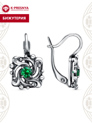 Серьги бижутерия, покрытие - серебрение с оксидированием, вставка - искусственная шпинель
