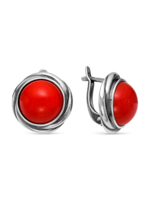 Серьги бижутерия, покрытие - серебрение с оксидированием, вставка - искусственный коралл