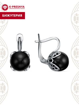 Серьги бижутерия, покрытие - серебрение с оксидированием, вставка - имитация жемчуга