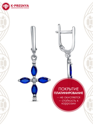 Серьги серебро 925 пробы, покрытие - платинирование, вставка - искусственная шпинель, фианит (недрагоценный камень)