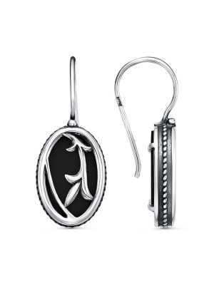 Серьги бижутерия, покрытие - серебрение с оксидированием, вставка - искусственный агат черный