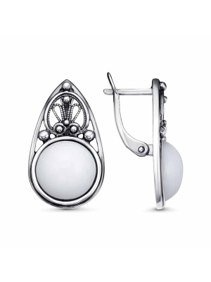 Серьги бижутерия, покрытие - серебрение с оксидированием, вставка - искусственный агат белый