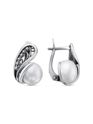 Серьги серебро 925 пробы, покрытие - оксидирование, вставка - культивированный жемчуг