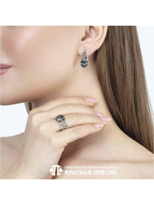 Серьги серебро 925 пробы, покрытие - оксидирование, вставка - фианит (недрагоценный камень)