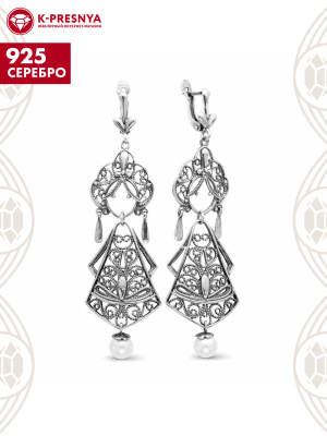 Серьги серебро 925 пробы, покрытие - оксидирование, вставка - имитация жемчуга
