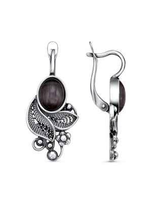 Серьги бижутерия, покрытие - серебрение с оксидированием, вставка - искусственный кошачий глаз