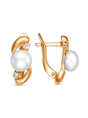 Серьги бижутерия, покрытие - золочение, вставка - культивированный жемчуг, фианит (недрагоценный камень)