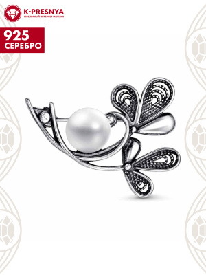 Брошь серебро 925 пробы, покрытие - оксидирование, вставка - культивированный жемчуг